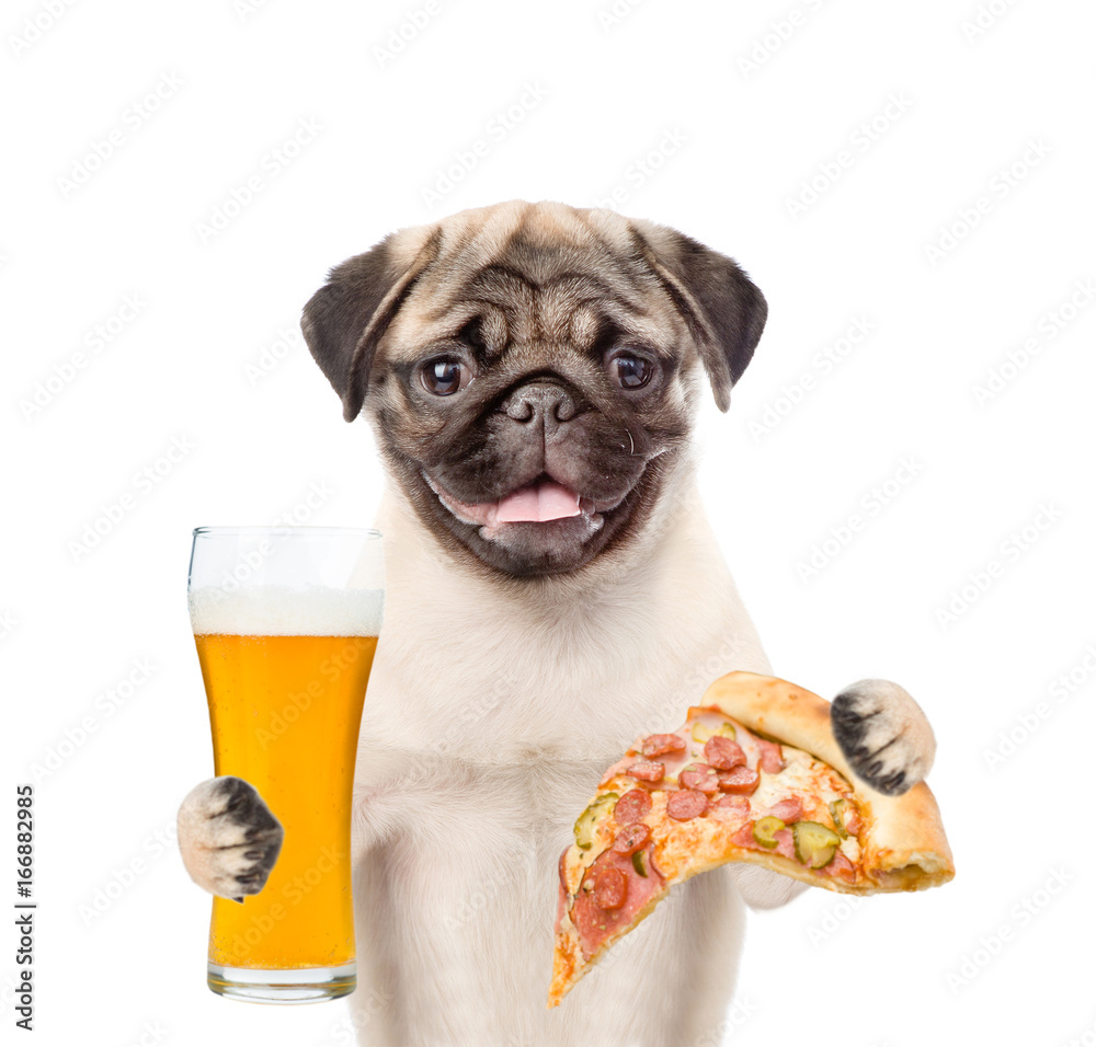 Obraz na płótnie Dog holding pizza and a glass