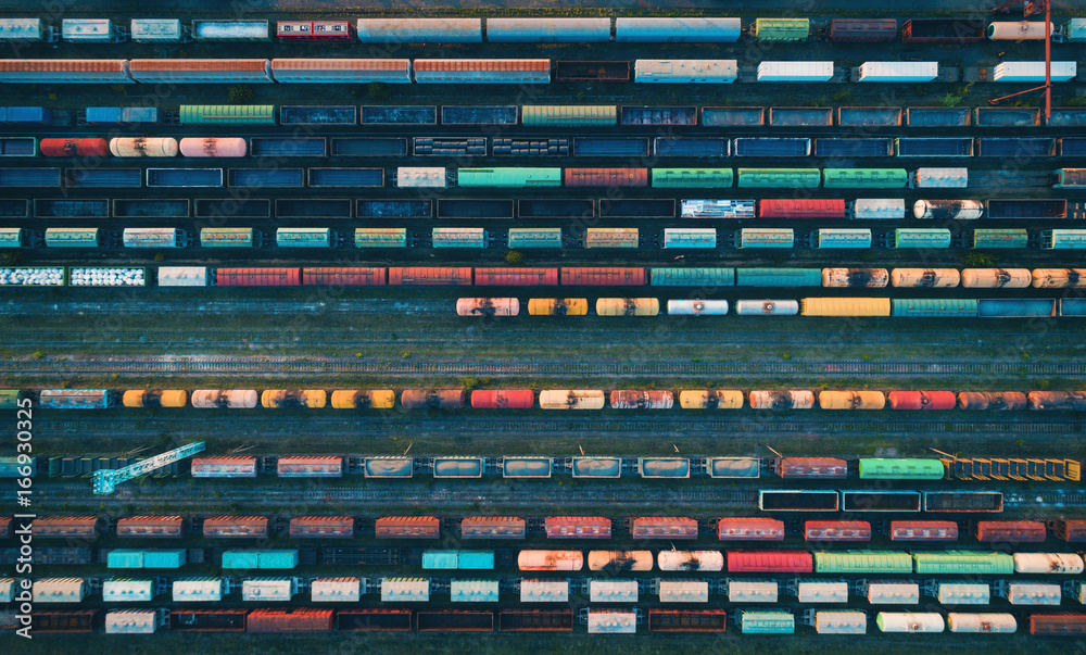 Obraz na płótnie Cargo trains close-up. Aerial