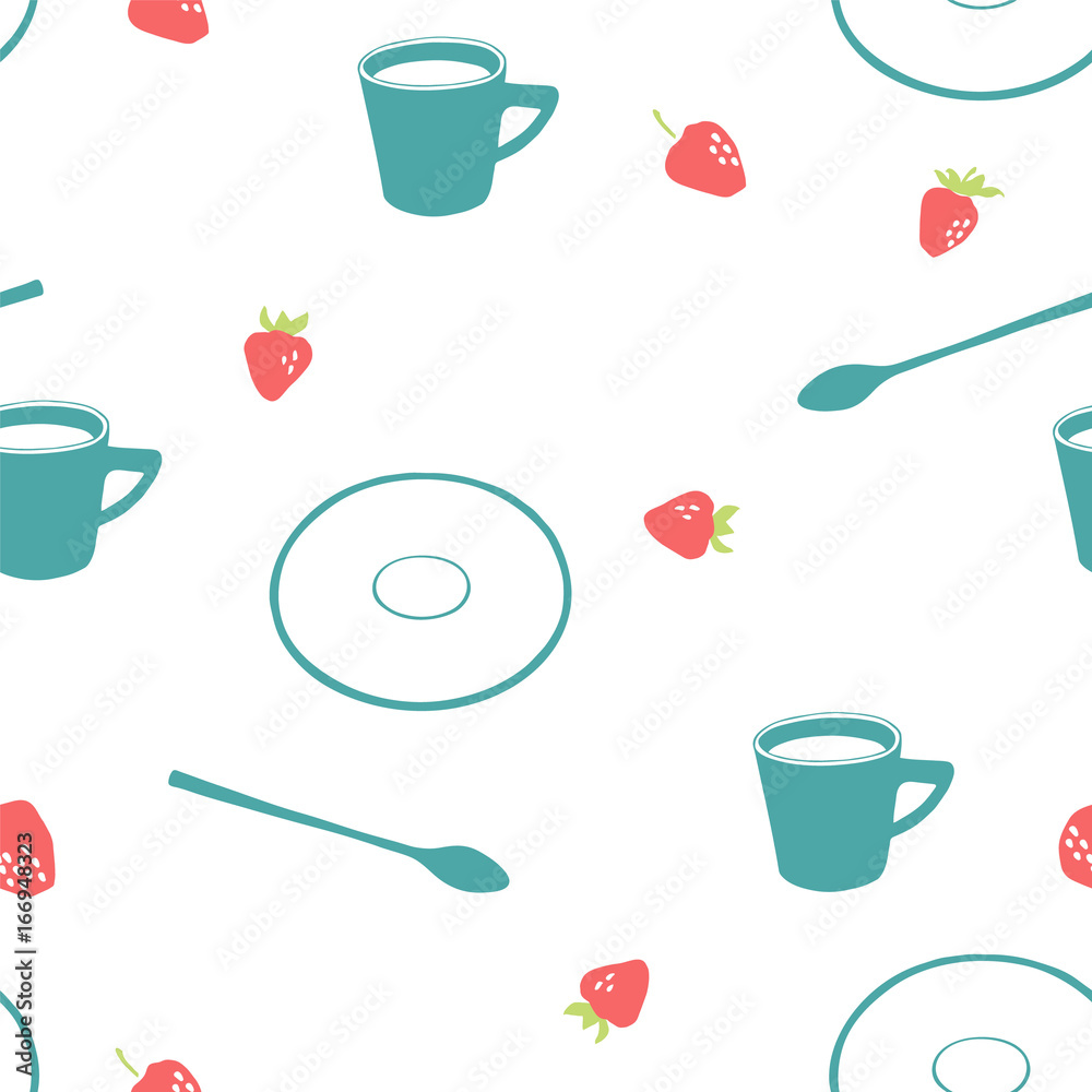 Tapeta Mug with milk, spoon, plate,