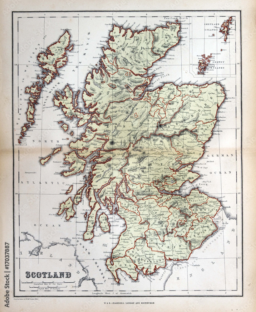 Obraz Kwadryptyk Old map of  Scotland, 1870