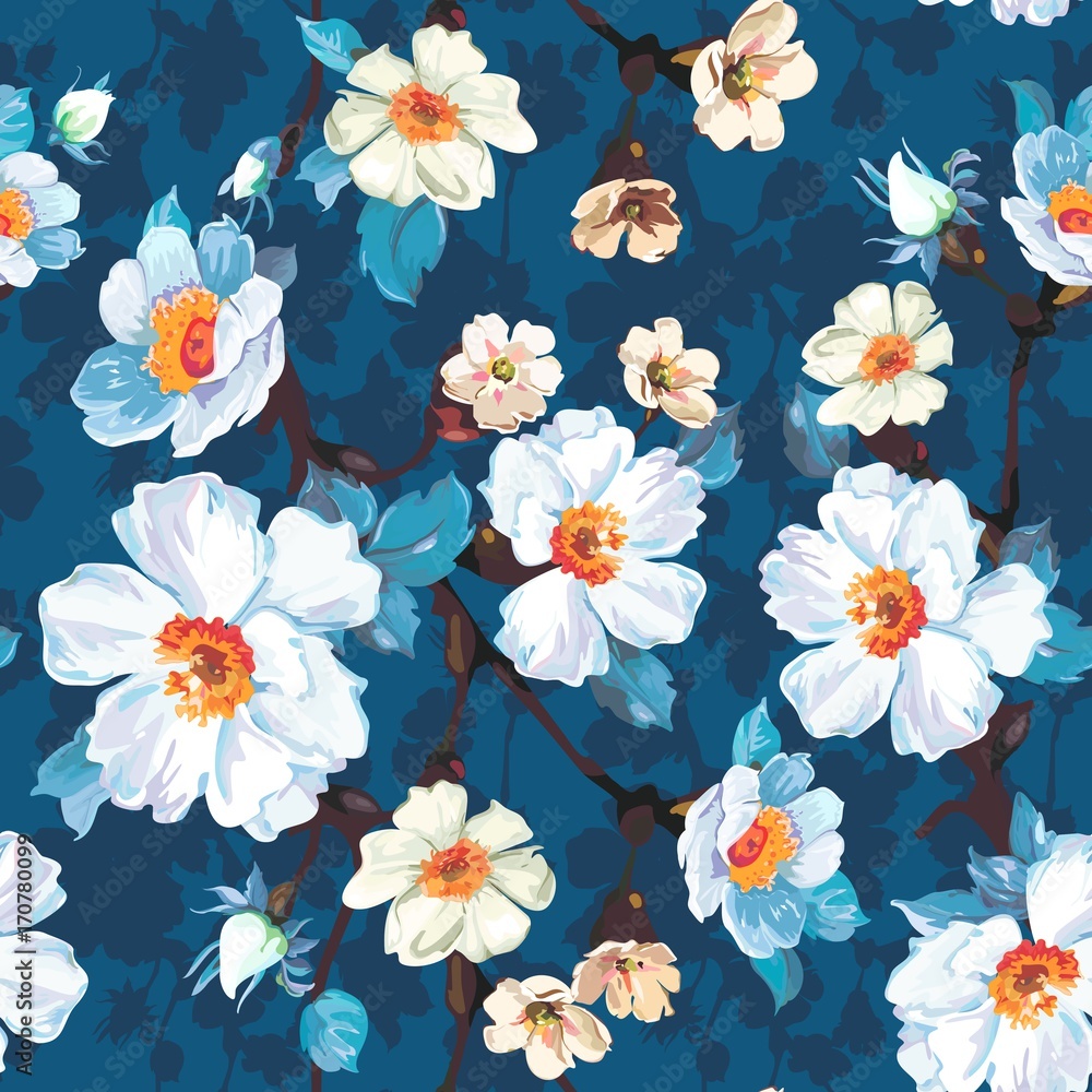 Tapeta Blue Floral Seamless Pattern