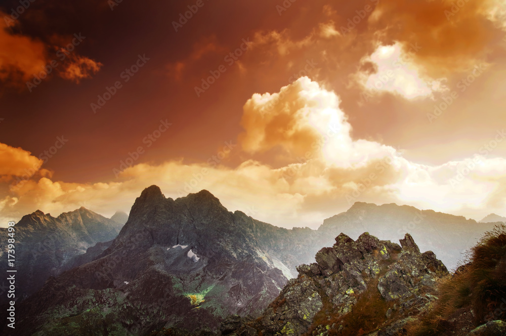 Obraz Pentaptyk Mountains sunset landscape