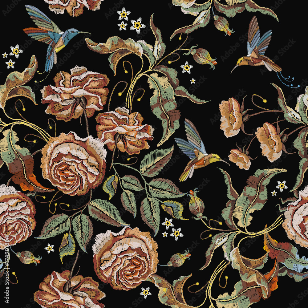 Tapeta Roses embroidery seamless