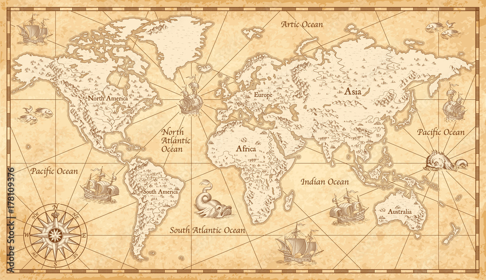 Obraz Tryptyk Vintage Illustrated World Map