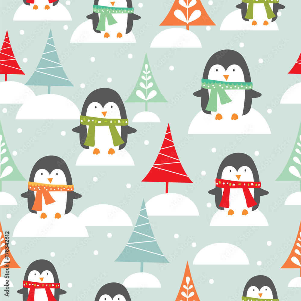 Tapeta Penguin and christmas tree