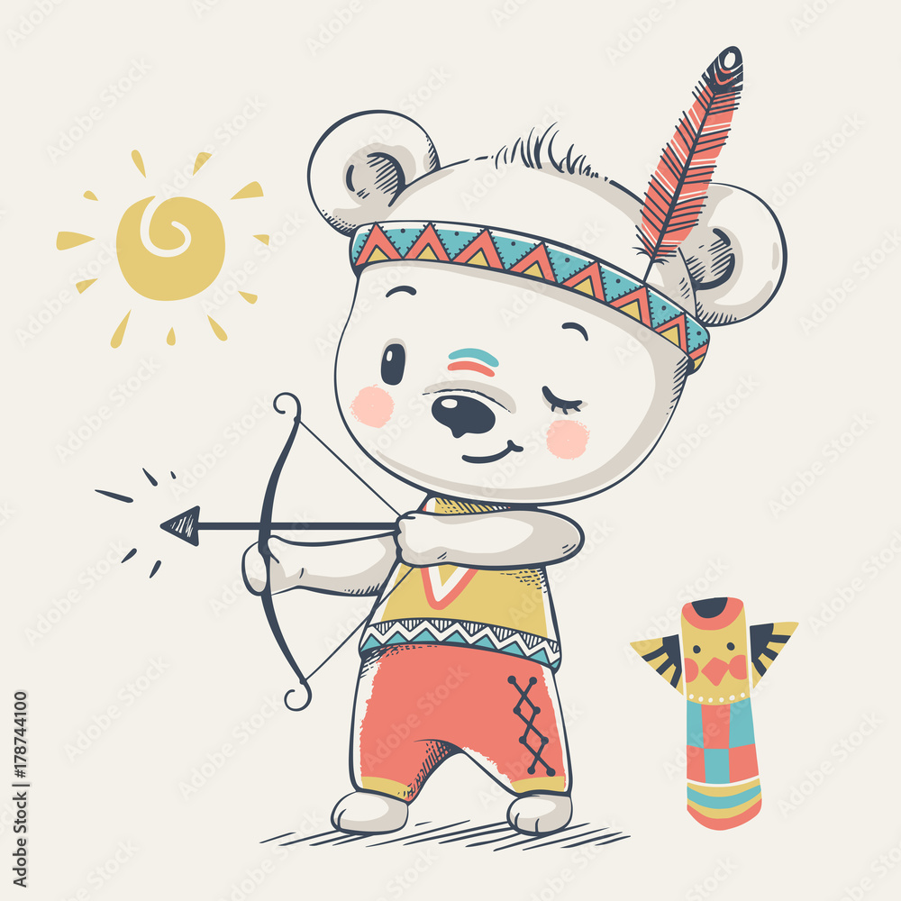 Fototapeta Cute bear Indian with bow and