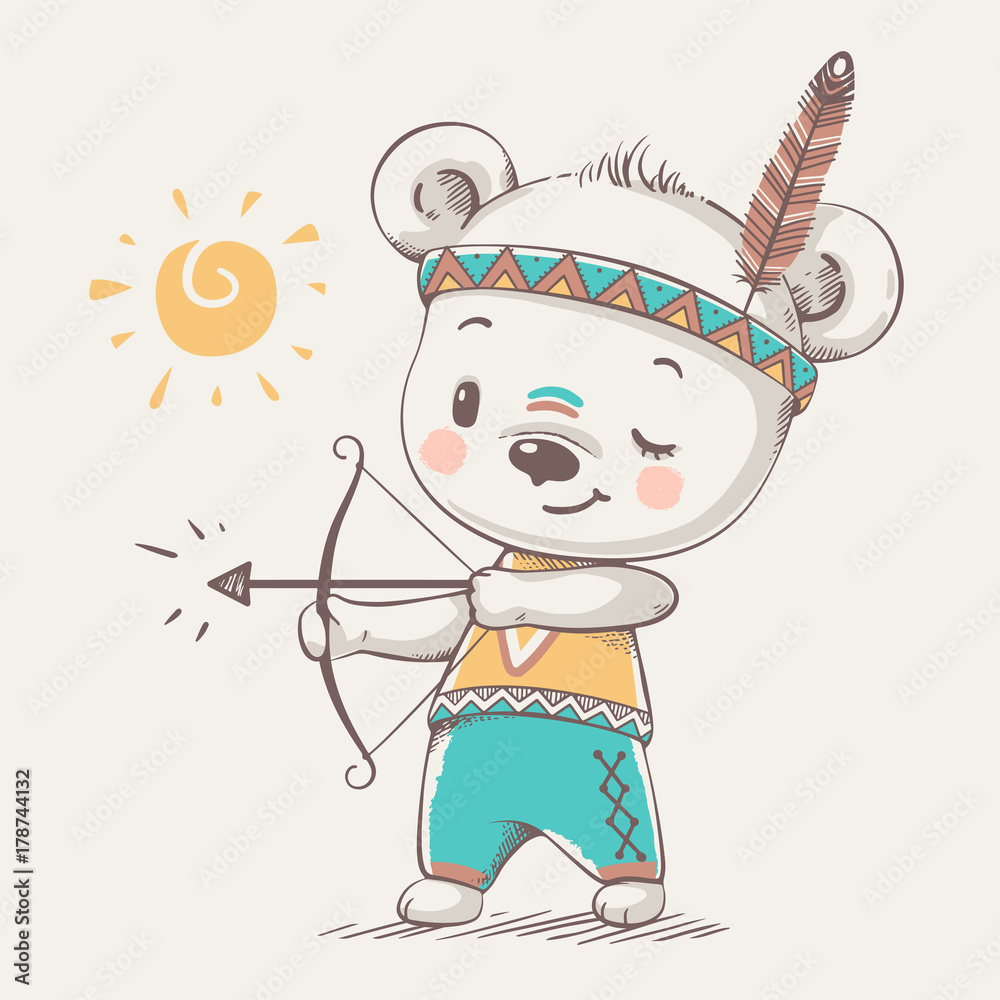 Obraz Tryptyk Cute bear Indian with bow and