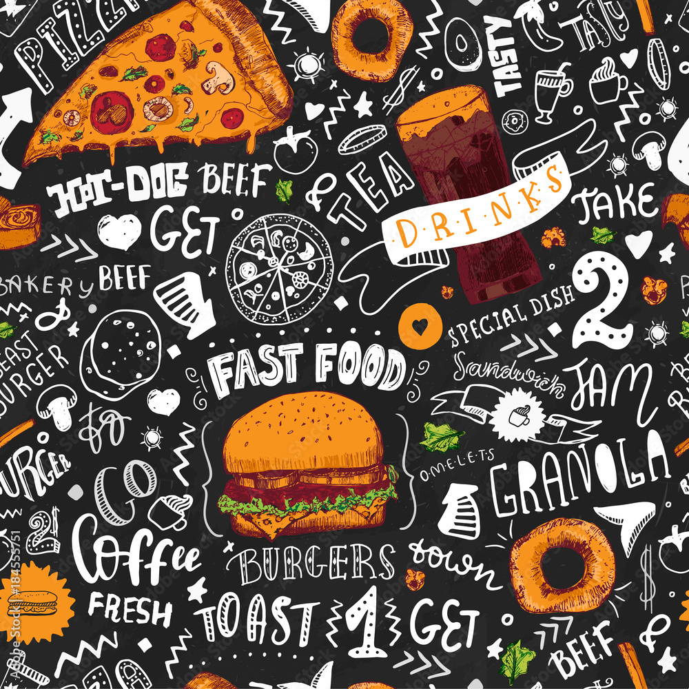 Fototapeta Fast Food seamless pattern in