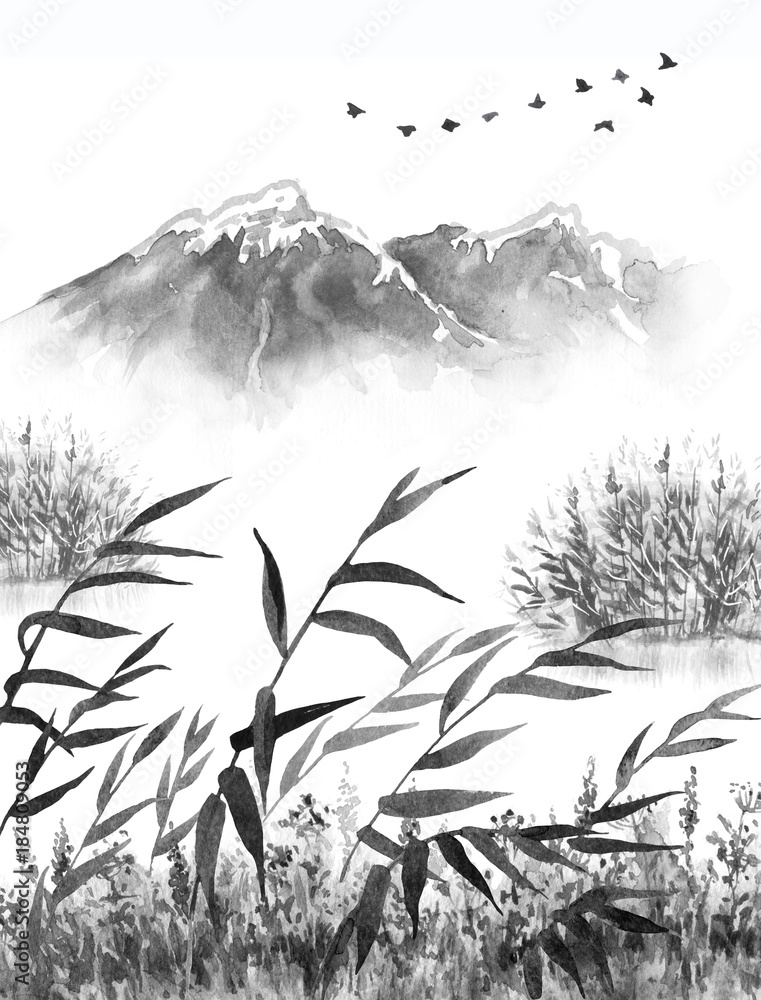 Fototapeta Ink Landscape with Mountains