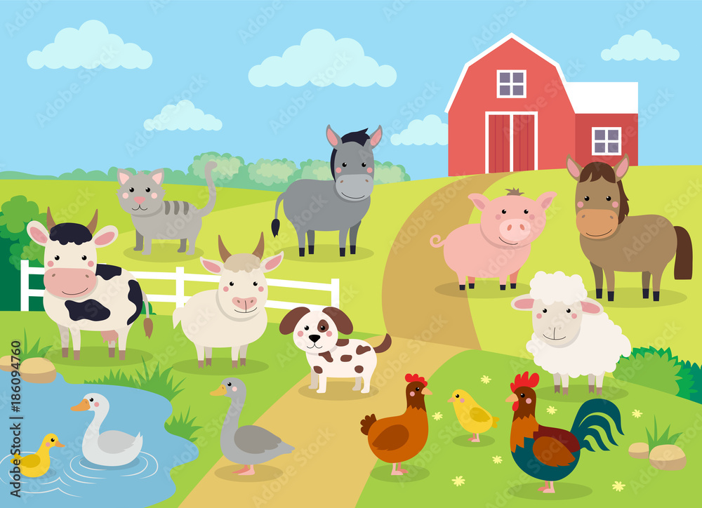 Obraz Tryptyk Farm animals with landscape -