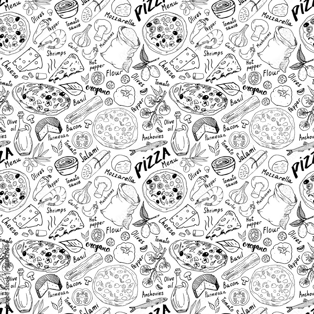 Fototapeta Pizza seamless pattern hand