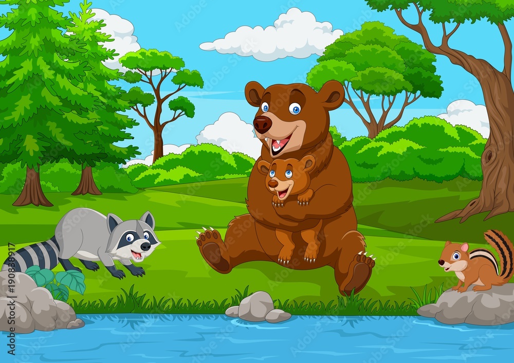Obraz Tryptyk Cartoon brown bear family in