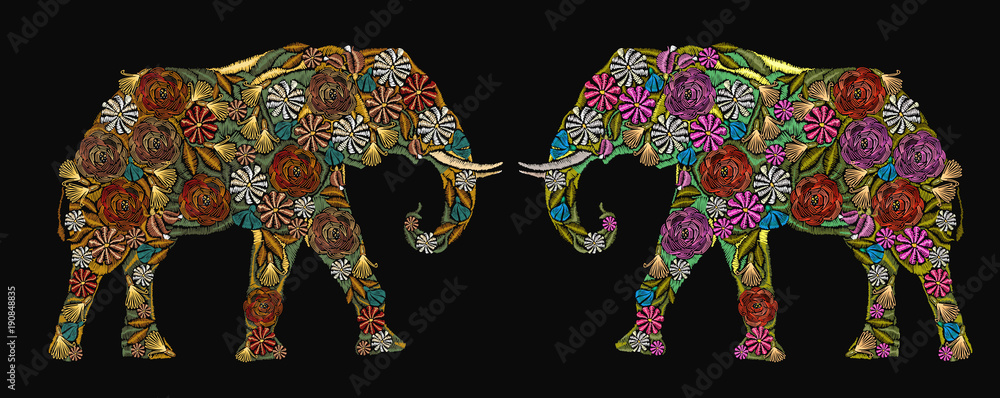 Obraz Tryptyk Embroidery elephants.
