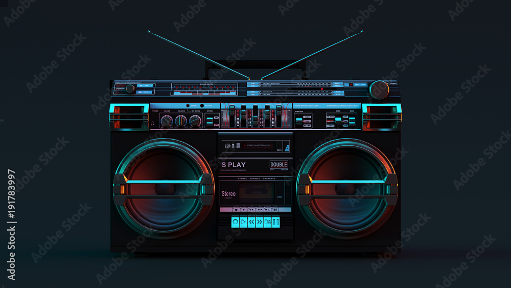 Obraz Tryptyk Boombox Moody 80s lighting 3d