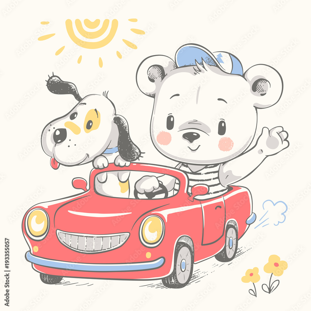 Obraz Tryptyk Cute baby bear driving car and