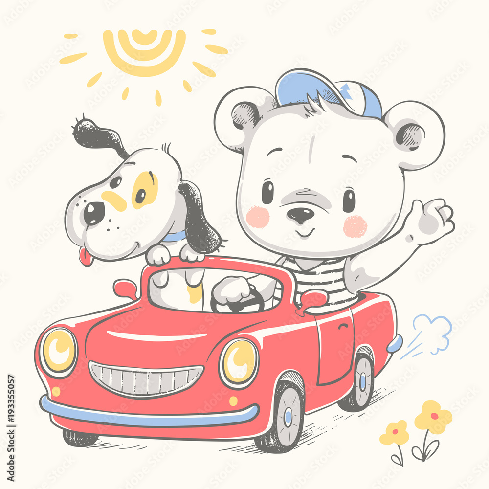 Obraz Kwadryptyk Cute baby bear driving car and