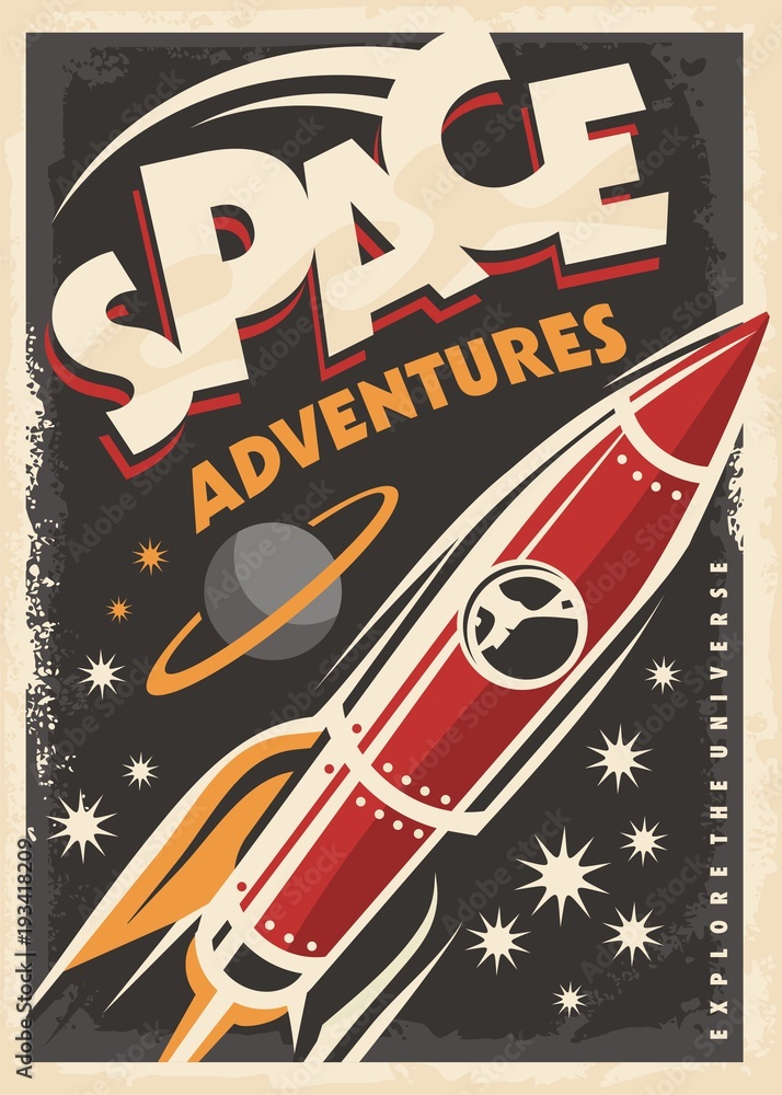 Obraz Kwadryptyk Space adventures, retro poster