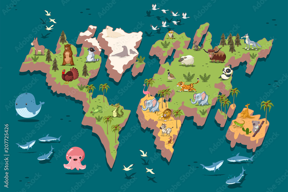 Fototapeta World map with cute animals
