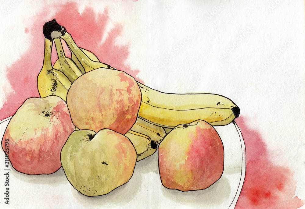 Obraz Tryptyk Watercolor apples, banana on