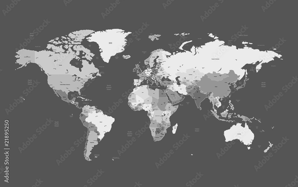 Obraz Tryptyk Gray detailed World map