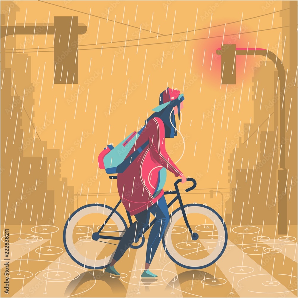 Obraz Tryptyk giel with bike in the rain