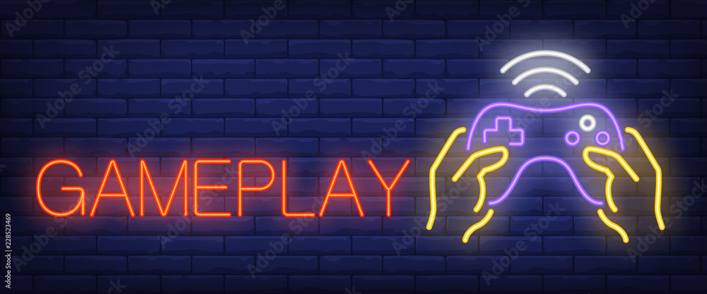 Fototapeta Gameplay neon text with hands