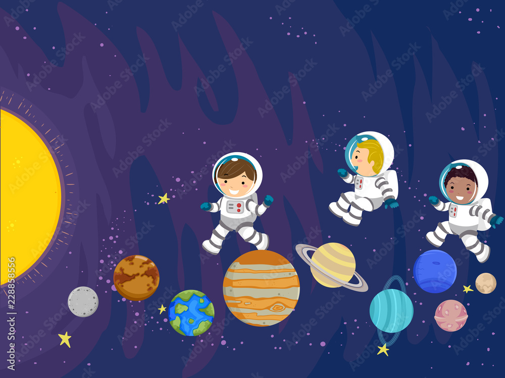Obraz Tryptyk Stickman Kids Space Planet