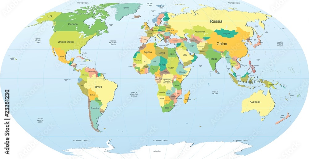 Obraz Pentaptyk political world map in color