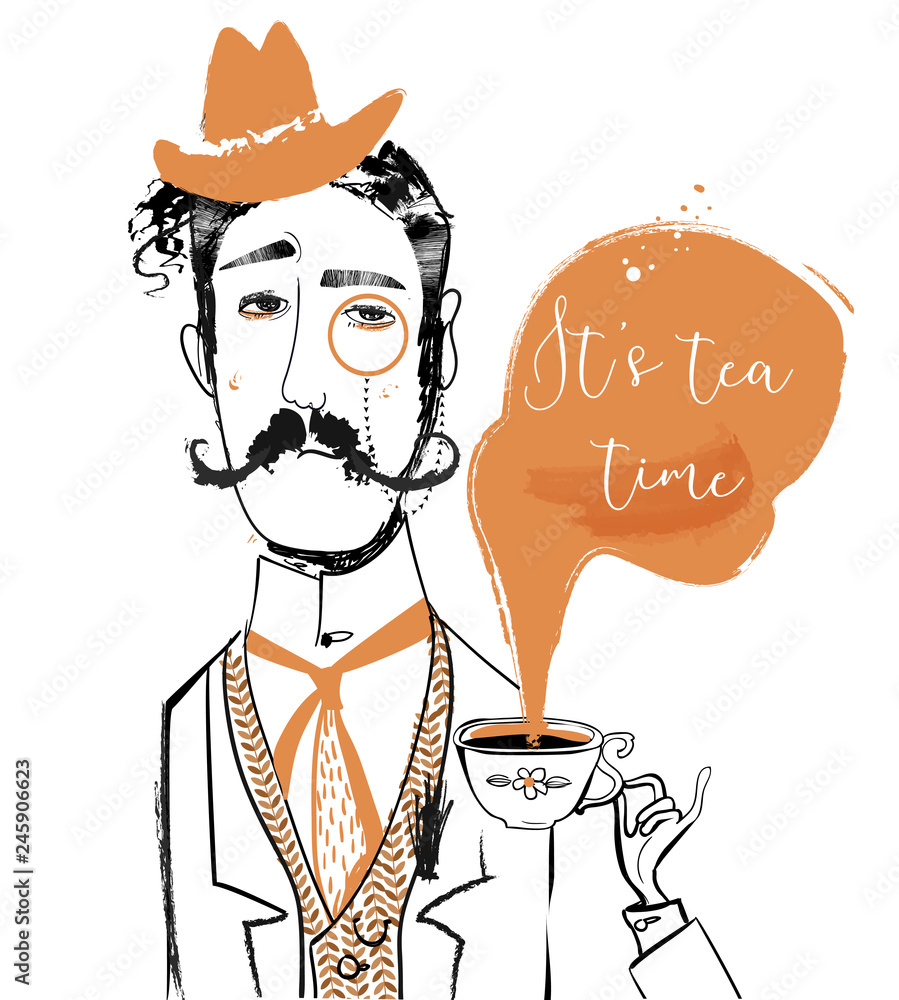Obraz Tryptyk cartoon gentleman with tea cup