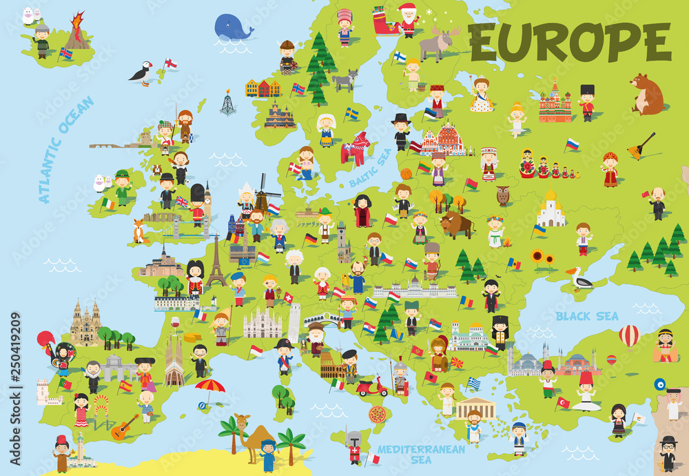 Obraz Tryptyk Funny cartoon map of Europe