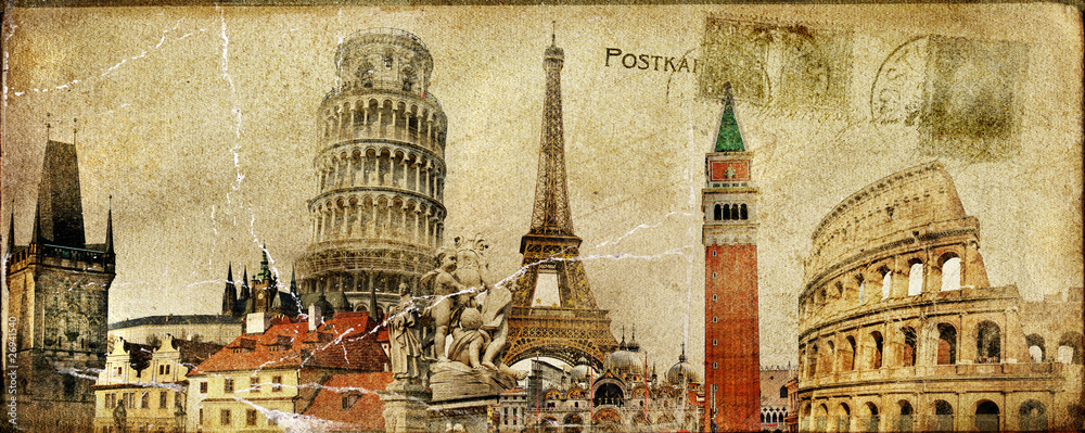 Obraz Tryptyk vintage postal card - ruropean