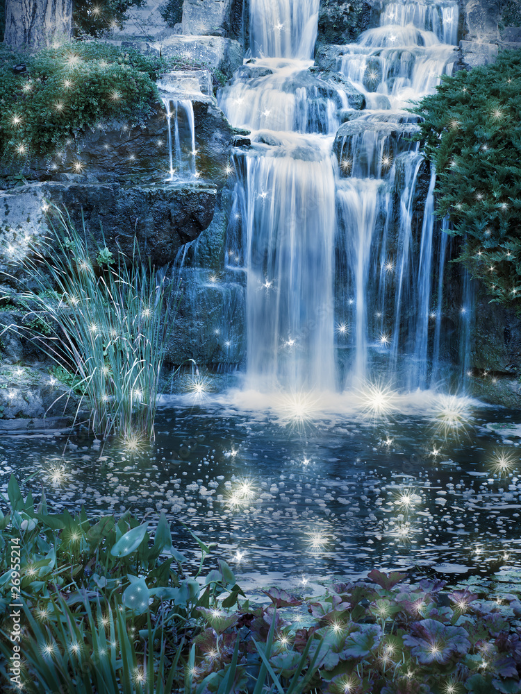 Obraz Tryptyk Magic night waterfall scene