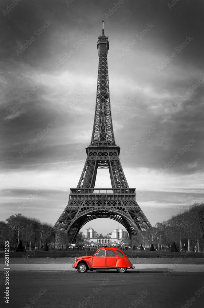 Obraz na płótnie Tour Eiffel et voiture rouge-