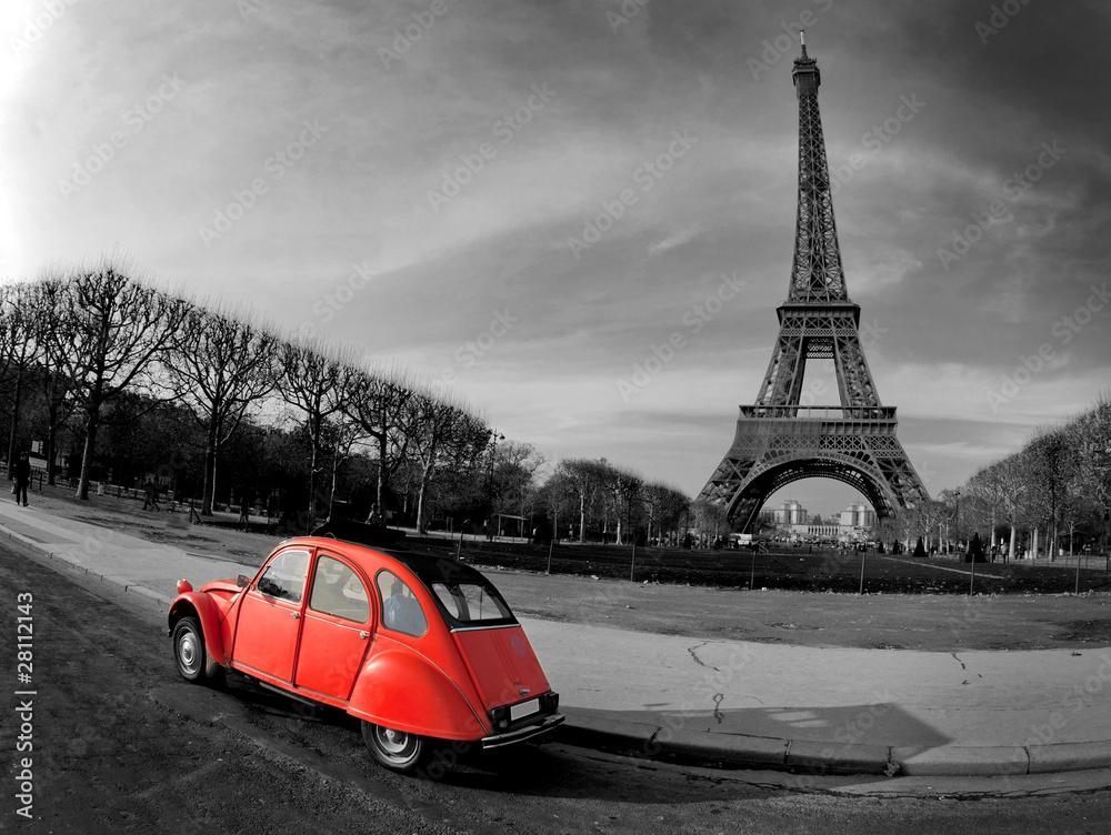 Obraz Tryptyk Tour Eiffel et voiture rouge-