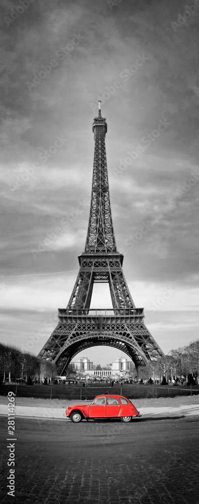 Fototapeta Tour Eiffel et voiture rouge-