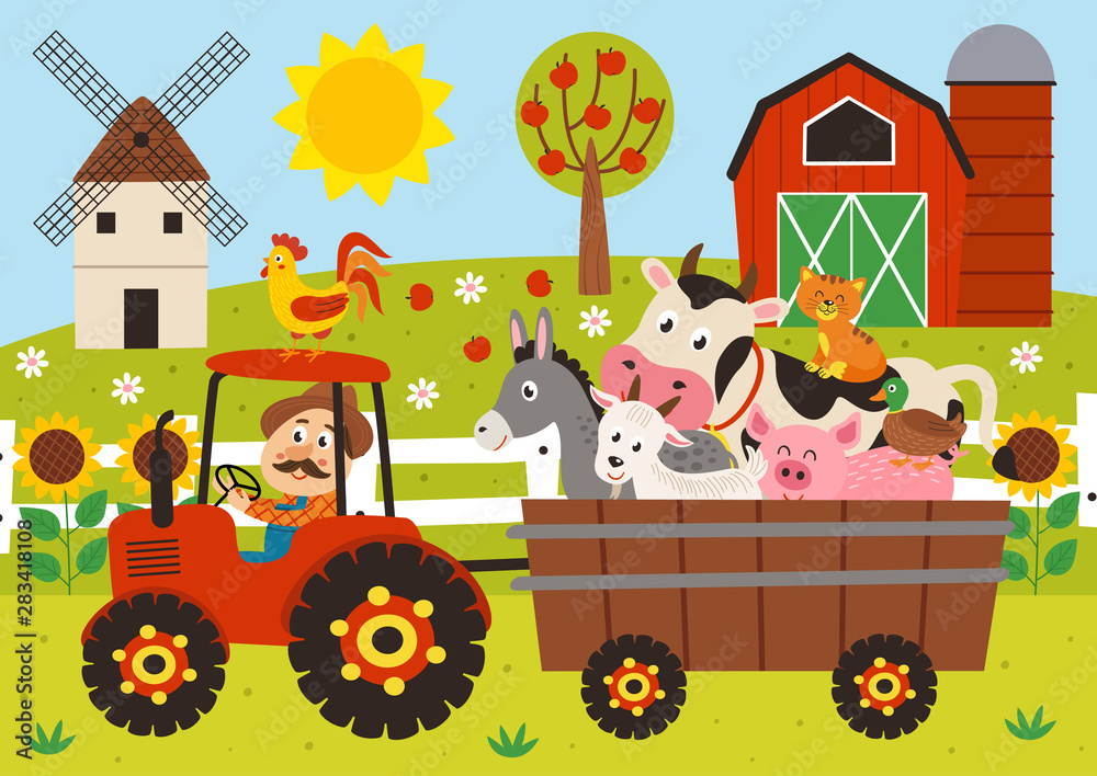 Obraz Tryptyk  farmer and farm animals