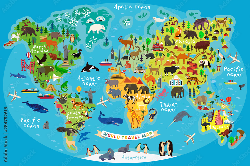 Obraz Tryptyk Animal Map of the World for