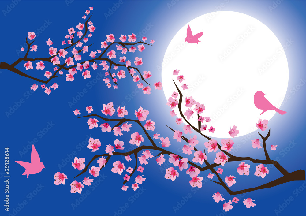 Obraz Tryptyk cherry blossom and moon at the