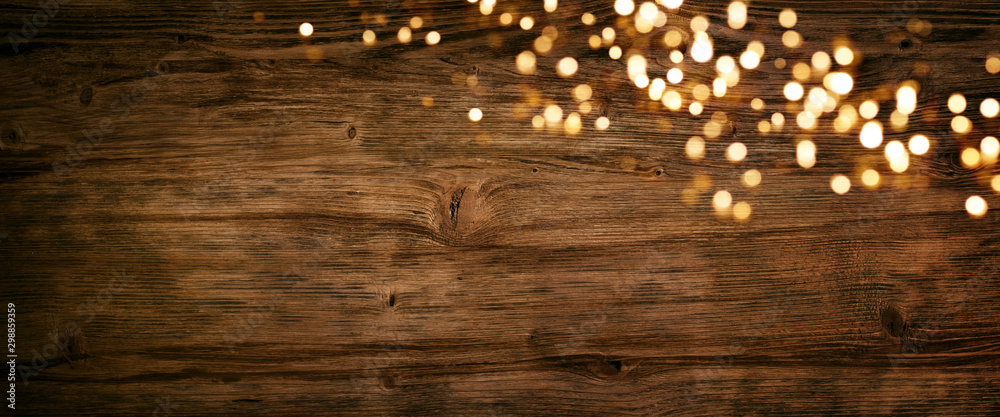 Obraz na płótnie Christmas lights on old wood