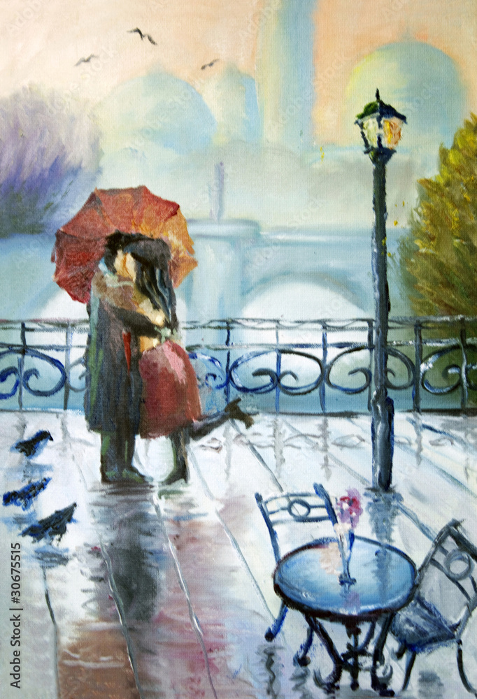 Fototapeta enamoured couple in the rain