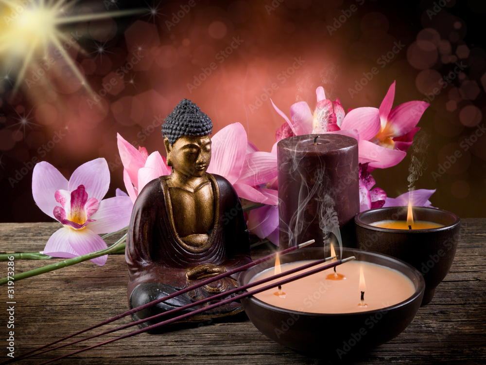 Obraz Pentaptyk buddah witn candle and incense