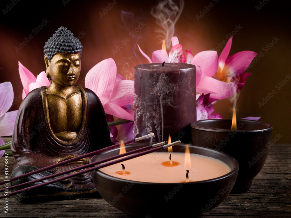 Fototapeta buddah with candle and incense