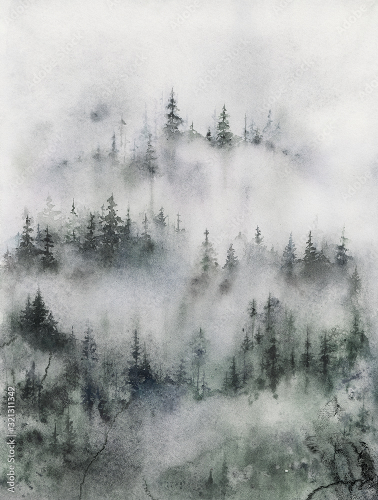 Obraz Tryptyk Foggy Forest watercolor