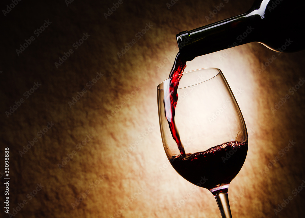 Fototapeta Red Wine glass and Bottle