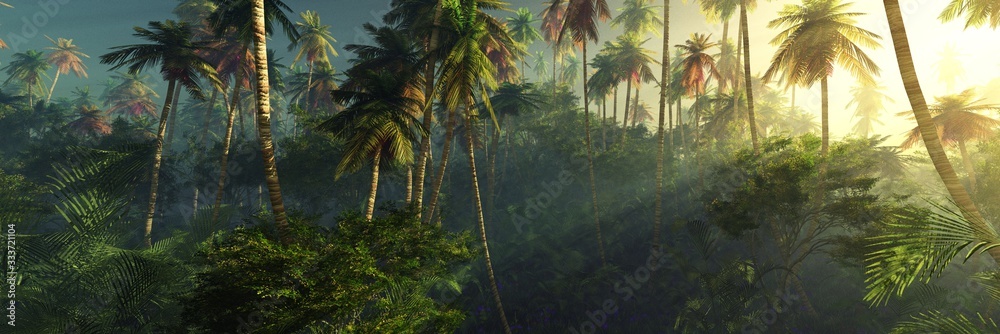 Obraz Tryptyk Sunrise in the jungle, palm