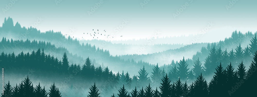 Obraz Tryptyk Pine forest illustration