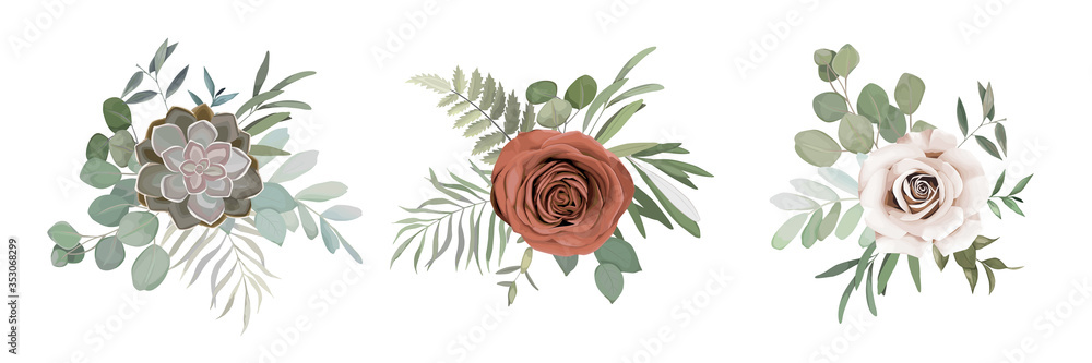 Obraz na płótnie Floral set with roses, cactus,