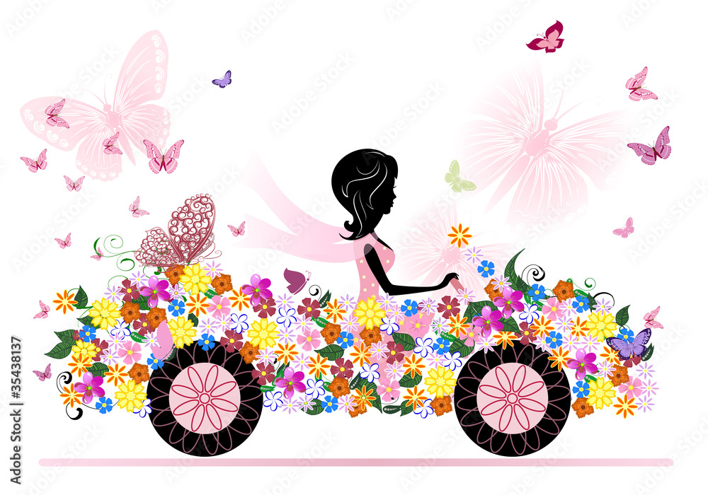 Fototapeta girl on a romantic flower car