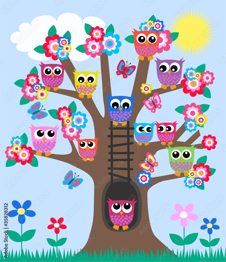 Obraz Pentaptyk lot of owls in a tree