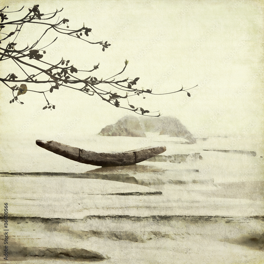 Obraz Kwadryptyk Fishing Boat and Almond Tree